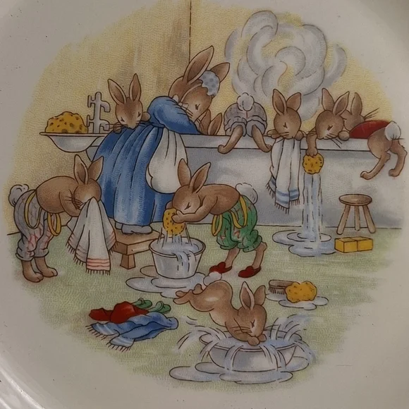 Vintage Royal Doulton Bunnykins Plate "Bath Time" 1936 English Fine Bone China - Picture 8 of 11